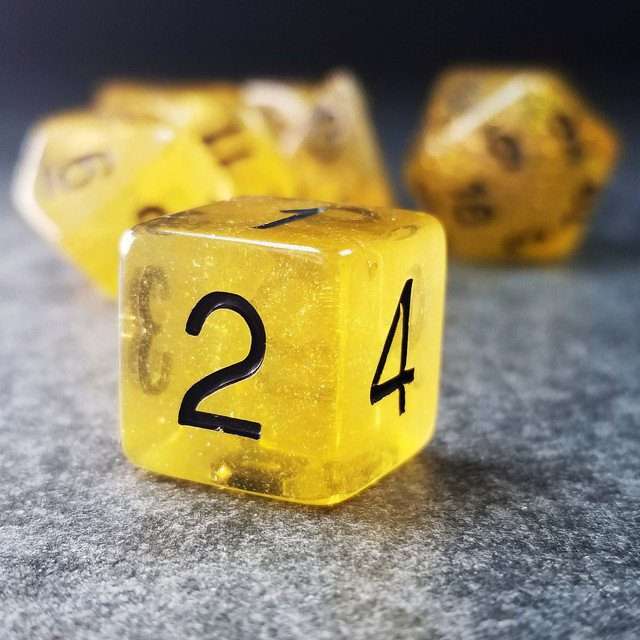 Sage’s Cantrips - Yellow Glitter Gold Flakes Resin Polyhedral Dice Set - Sage's PortalResin Dice Set