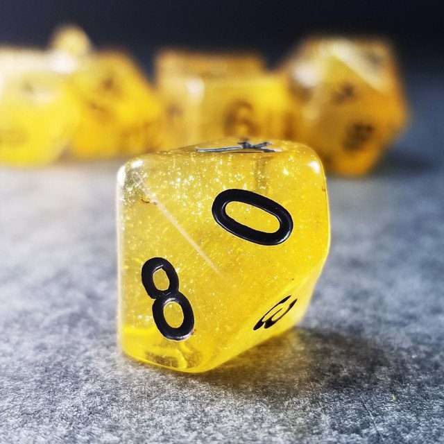 Sage’s Cantrips - Yellow Glitter Gold Flakes Resin Polyhedral Dice Set - Sage's PortalResin Dice Set