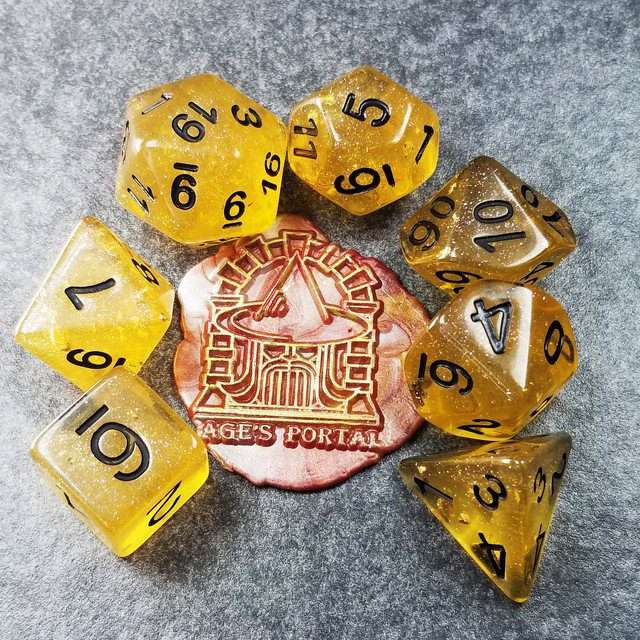 Sage’s Cantrips - Yellow Glitter Gold Flakes Resin Polyhedral Dice Set - Sage's PortalResin Dice Set