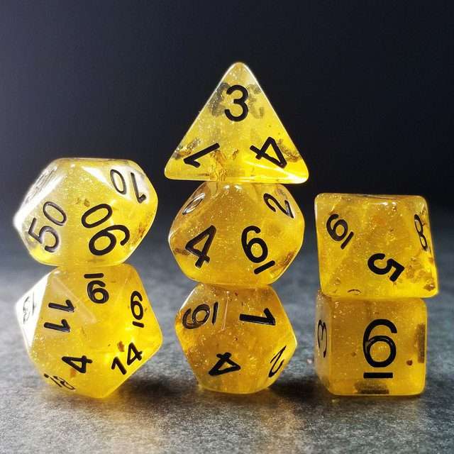 Sage’s Cantrips - Yellow Glitter Gold Flakes Resin Polyhedral Dice Set - Sage's PortalResin Dice Set