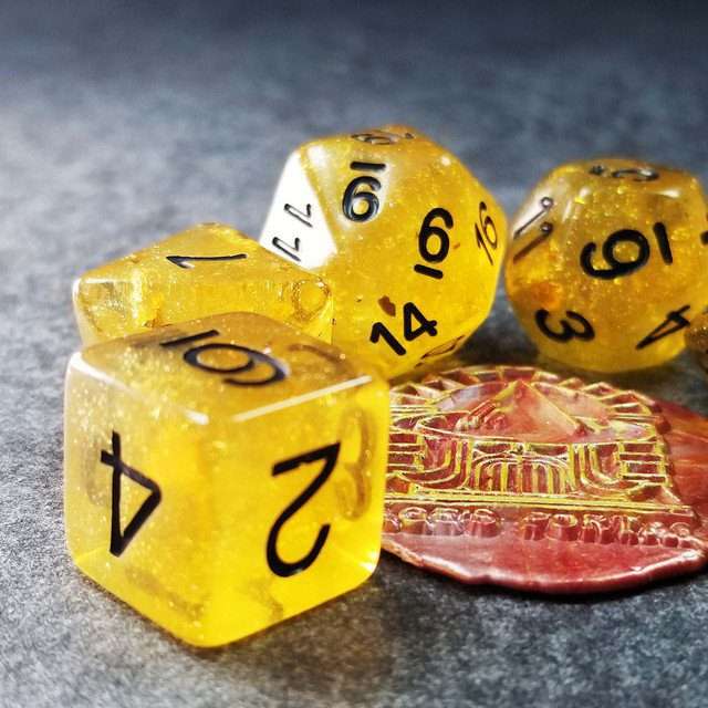 Sage’s Cantrips - Yellow Glitter Gold Flakes Resin Polyhedral Dice Set - Sage's PortalResin Dice Set