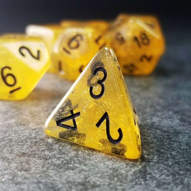 Sage’s Cantrips - Yellow Glitter Gold Flakes Resin Polyhedral Dice Set - Sage's PortalResin Dice Set