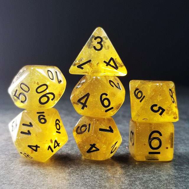 Sage’s Cantrips - Yellow Glitter Gold Flakes Resin Polyhedral Dice Set - Sage's PortalResin Dice Set
