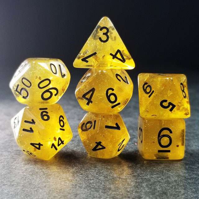 Sage’s Cantrips - Yellow Glitter Gold Flakes Resin Polyhedral Dice Set - Sage's PortalResin Dice Set