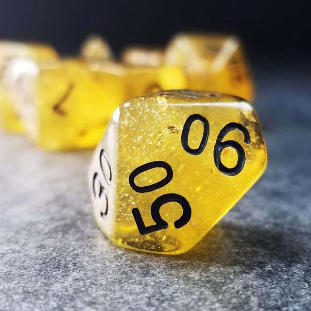 Sage’s Cantrips - Yellow Glitter Gold Flakes Resin Polyhedral Dice Set - Sage's PortalResin Dice Set