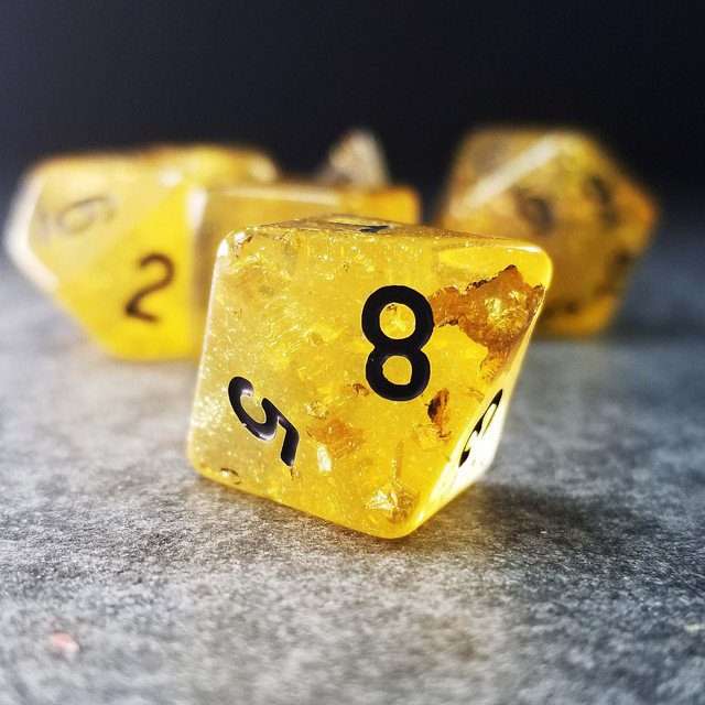 Sage’s Cantrips - Yellow Glitter Gold Flakes Resin Polyhedral Dice Set - Sage's PortalResin Dice Set