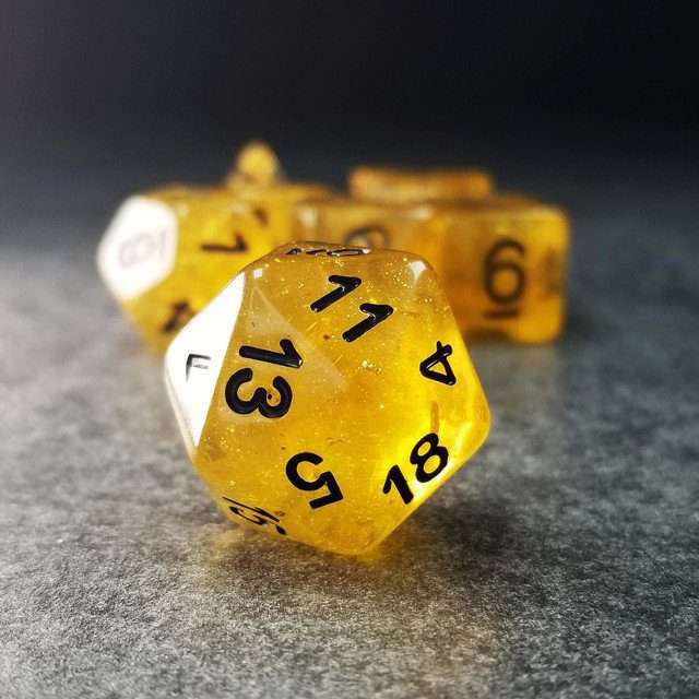 Sage’s Cantrips - Yellow Glitter Gold Flakes Resin Polyhedral Dice Set - Sage's PortalResin Dice Set