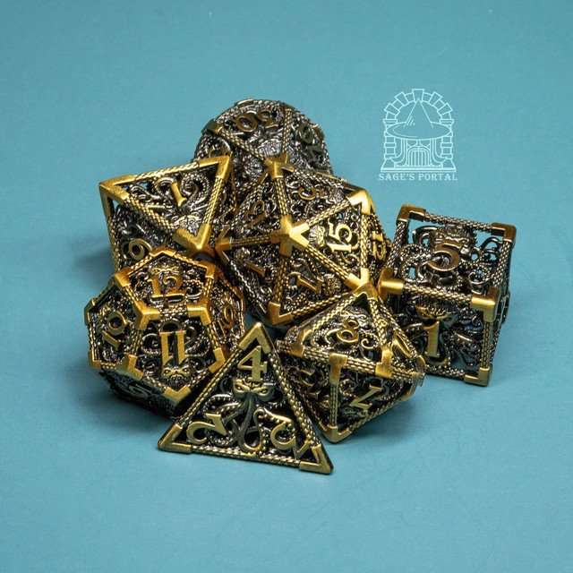 Sage's Cthulhu's Embrace Gold Hollow Metal Polyhedral Dice Set - Sage's PortalHollow Metal Dice Set