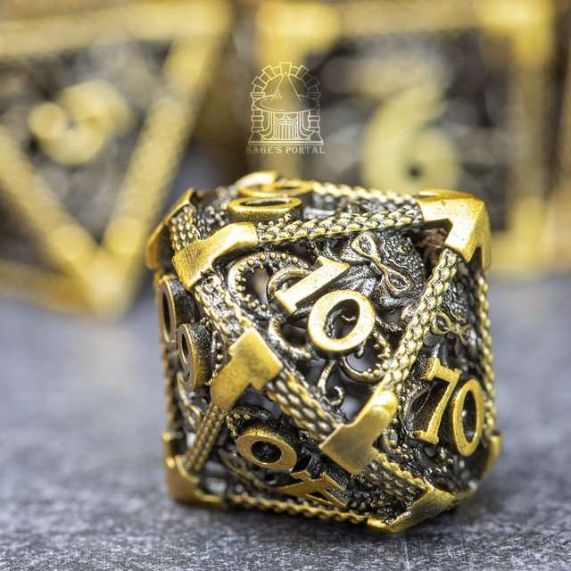 Sage's Cthulhu's Embrace Gold Hollow Metal Polyhedral Dice Set - Sage's PortalHollow Metal Dice Set
