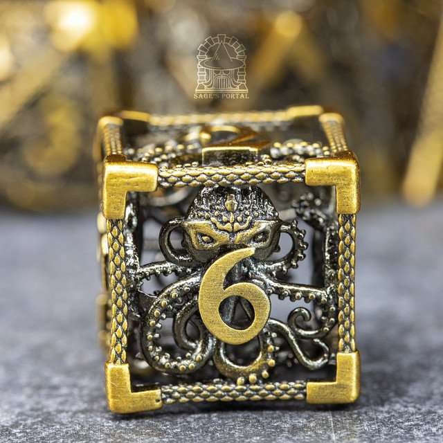 Sage's Cthulhu's Embrace Gold Hollow Metal Polyhedral Dice Set - Sage's PortalHollow Metal Dice Set