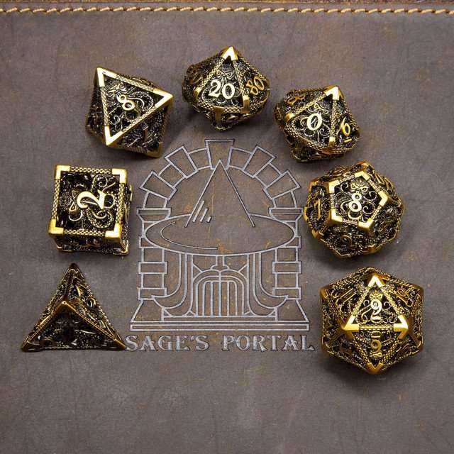 Sage's Cthulhu's Embrace Gold Hollow Metal Polyhedral Dice Set - Sage's PortalHollow Metal Dice Set
