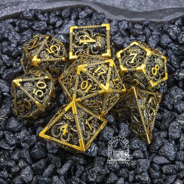 Sage's Cthulhu's Embrace Gold Hollow Metal Polyhedral Dice Set - Sage's PortalHollow Metal Dice Set