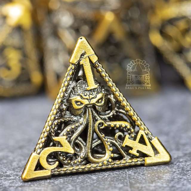 Sage's Cthulhu's Embrace Gold Hollow Metal Polyhedral Dice Set - Sage's PortalHollow Metal Dice Set