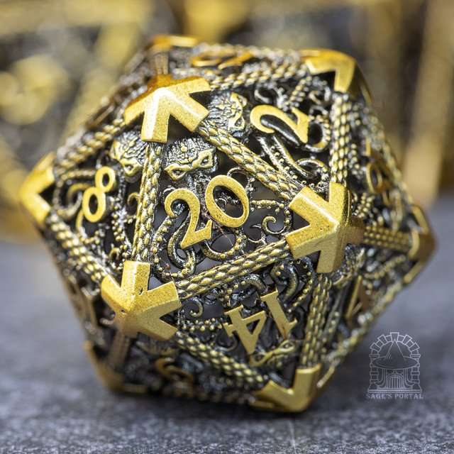 Sage's Cthulhu's Embrace Gold Hollow Metal Polyhedral Dice Set - Sage's PortalHollow Metal Dice Set