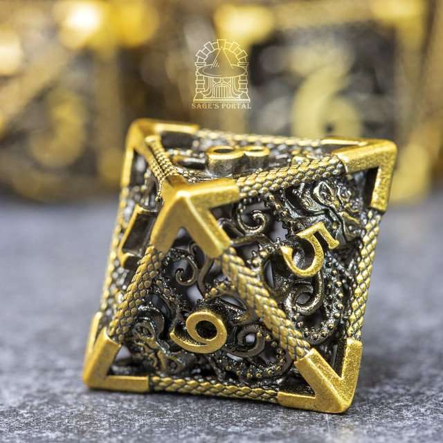 Sage's Cthulhu's Embrace Gold Hollow Metal Polyhedral Dice Set - Sage's PortalHollow Metal Dice Set