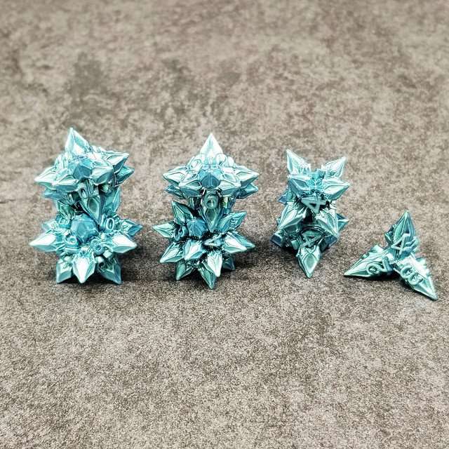 Sage's Deadly Blossoms Aquamarine Metal Polyhedral Dice Set - Sage's PortalMetal Dice Set