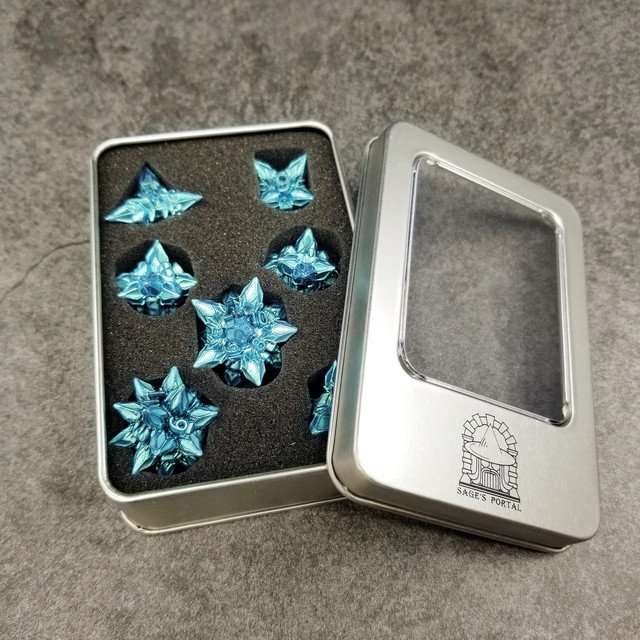 Sage's Deadly Blossoms Aquamarine Metal Polyhedral Dice Set - Sage's PortalMetal Dice Set