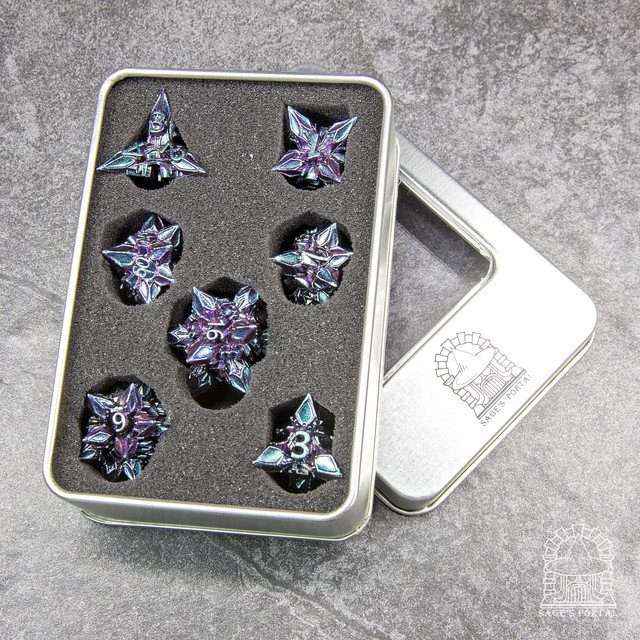 Sage's Deadly Blossoms Blue/Pink Metal Polyhedral Dice Set - Sage's PortalMetal Dice Set