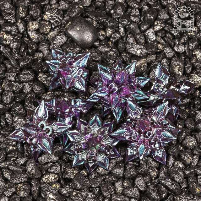 Sage's Deadly Blossoms Blue/Pink Metal Polyhedral Dice Set - Sage's PortalMetal Dice Set