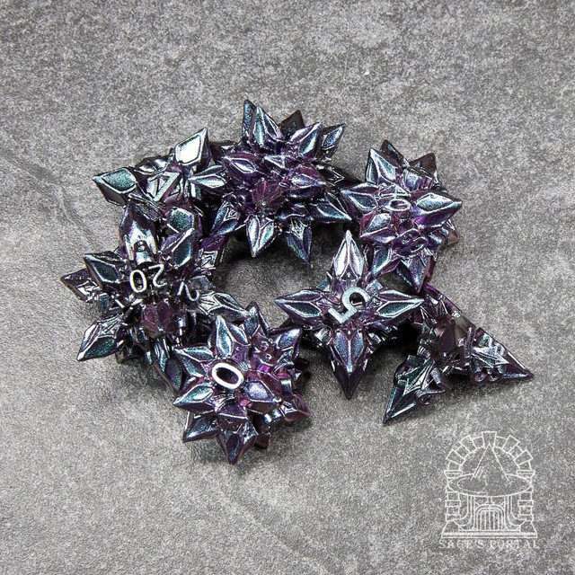 Sage's Deadly Blossoms Blue/Pink Metal Polyhedral Dice Set - Sage's PortalMetal Dice Set