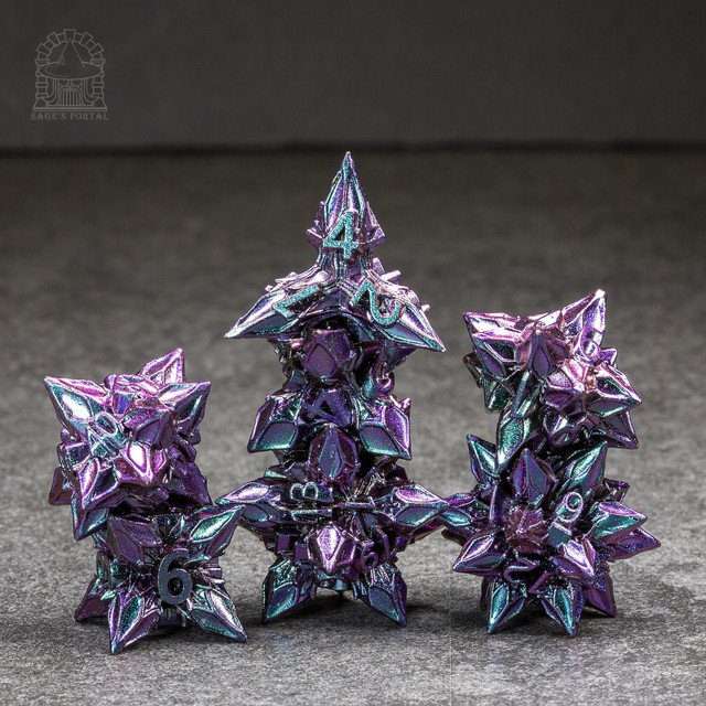 Sage's Deadly Blossoms Blue/Pink Metal Polyhedral Dice Set - Sage's PortalMetal Dice Set