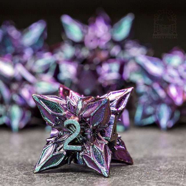 Sage's Deadly Blossoms Blue/Pink Metal Polyhedral Dice Set - Sage's PortalMetal Dice Set