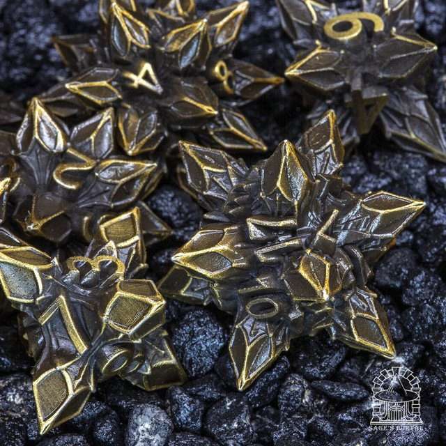 Sage's Deadly Blossoms Bronze Metal Polyhedral Dice Set - Sage's PortalMetal Dice Set