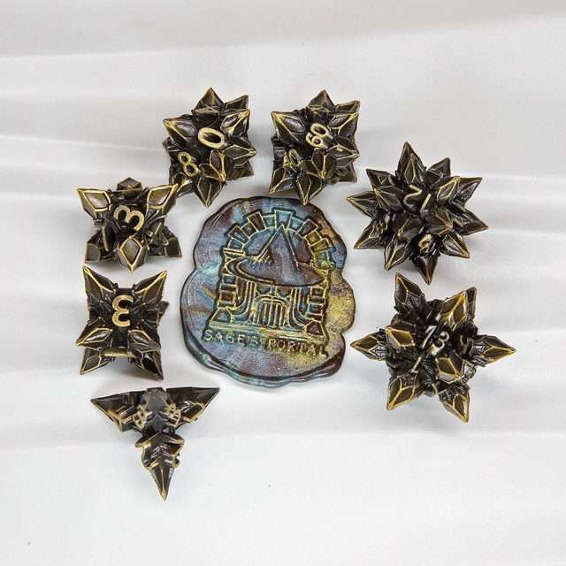 Sage's Deadly Blossoms Bronze Metal Polyhedral Dice Set - Sage's PortalMetal Dice Set