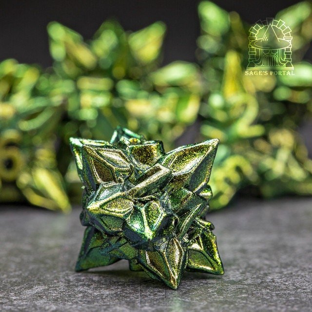 Sage’s Deadly Blossoms Green Metal Polyhedral Dice Set | Dungeons Dragons DnD Pathfinder RPG - Sage's PortalMetal Dice Set