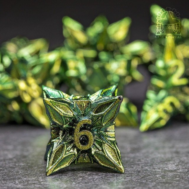 Sage’s Deadly Blossoms Green Metal Polyhedral Dice Set | Dungeons Dragons DnD Pathfinder RPG - Sage's PortalMetal Dice Set