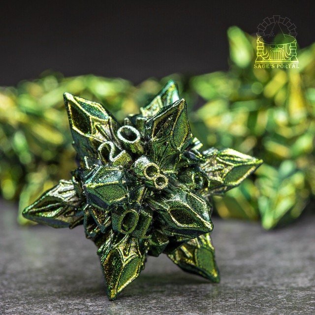 Sage’s Deadly Blossoms Green Metal Polyhedral Dice Set | Dungeons Dragons DnD Pathfinder RPG - Sage's PortalMetal Dice Set