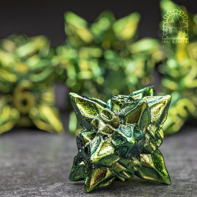 Sage’s Deadly Blossoms Green Metal Polyhedral Dice Set | Dungeons Dragons DnD Pathfinder RPG - Sage's PortalMetal Dice Set