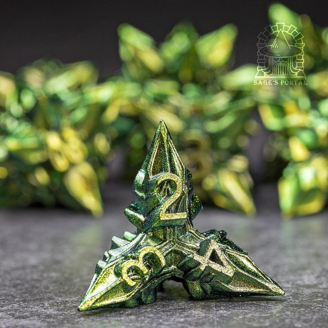Sage’s Deadly Blossoms Green Metal Polyhedral Dice Set | Dungeons Dragons DnD Pathfinder RPG - Sage's PortalMetal Dice Set