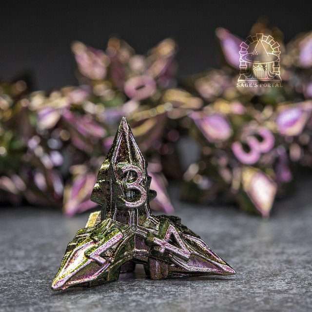 Sage's Deadly Blossoms Green/Purple Metal Polyhedral Dice Set - Sage's PortalMetal Dice Set