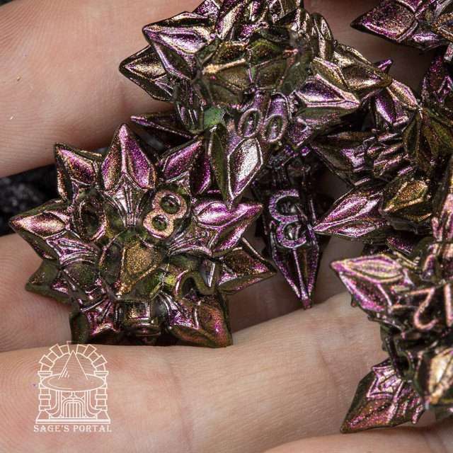 Sage's Deadly Blossoms Green/Purple Metal Polyhedral Dice Set - Sage's PortalMetal Dice Set