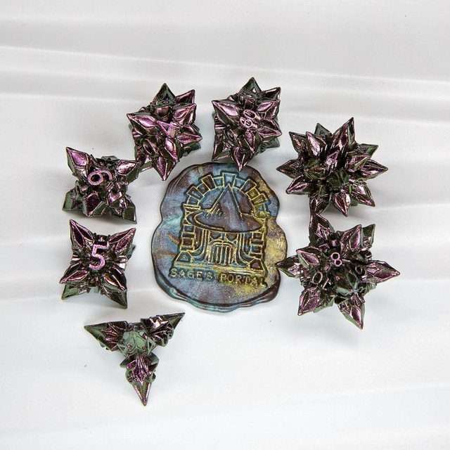Sage's Deadly Blossoms Green/Purple Metal Polyhedral Dice Set - Sage's PortalMetal Dice Set