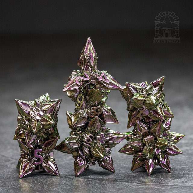 Sage's Deadly Blossoms Green/Purple Metal Polyhedral Dice Set - Sage's PortalMetal Dice Set