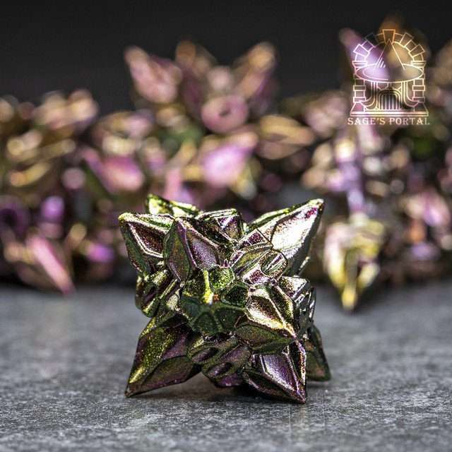 Sage's Deadly Blossoms Green/Purple Metal Polyhedral Dice Set - Sage's PortalMetal Dice Set