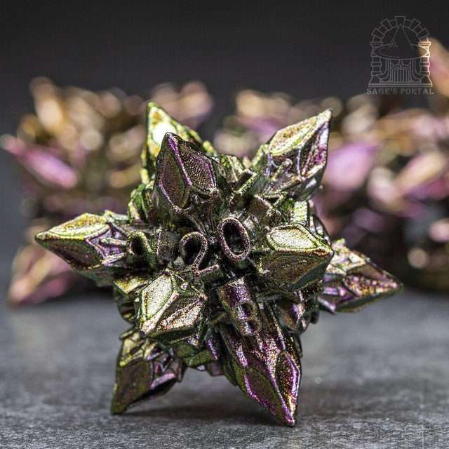 Sage's Deadly Blossoms Green/Purple Metal Polyhedral Dice Set - Sage's PortalMetal Dice Set