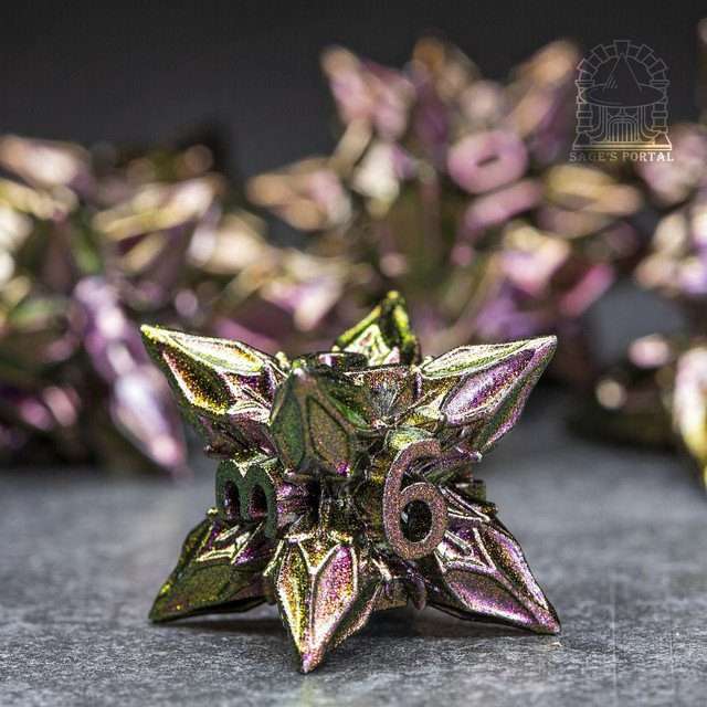 Sage's Deadly Blossoms Green/Purple Metal Polyhedral Dice Set - Sage's PortalMetal Dice Set