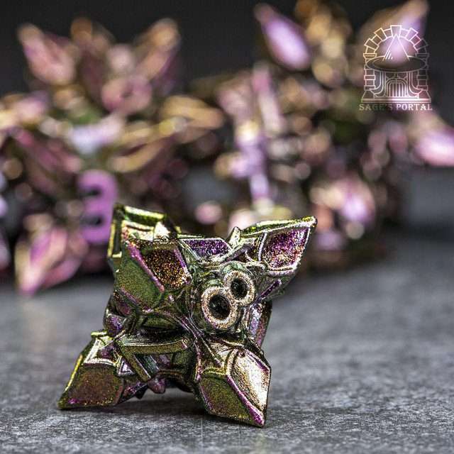 Sage's Deadly Blossoms Green/Purple Metal Polyhedral Dice Set - Sage's PortalMetal Dice Set
