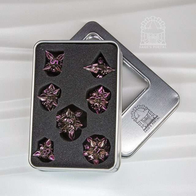Sage's Deadly Blossoms Green/Purple Metal Polyhedral Dice Set - Sage's PortalMetal Dice Set