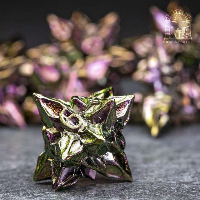 Sage's Deadly Blossoms Green/Purple Metal Polyhedral Dice Set - Sage's PortalMetal Dice Set
