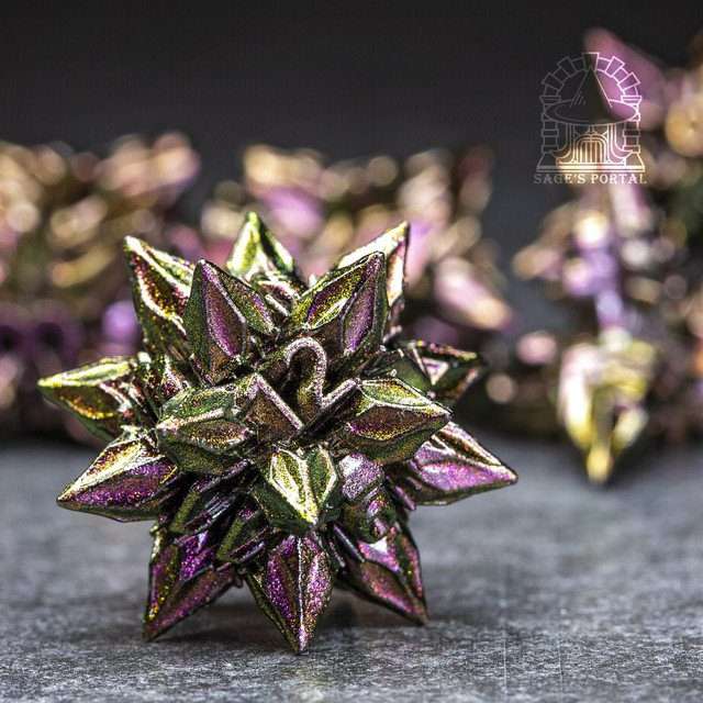 Sage's Deadly Blossoms Green/Purple Metal Polyhedral Dice Set - Sage's PortalMetal Dice Set