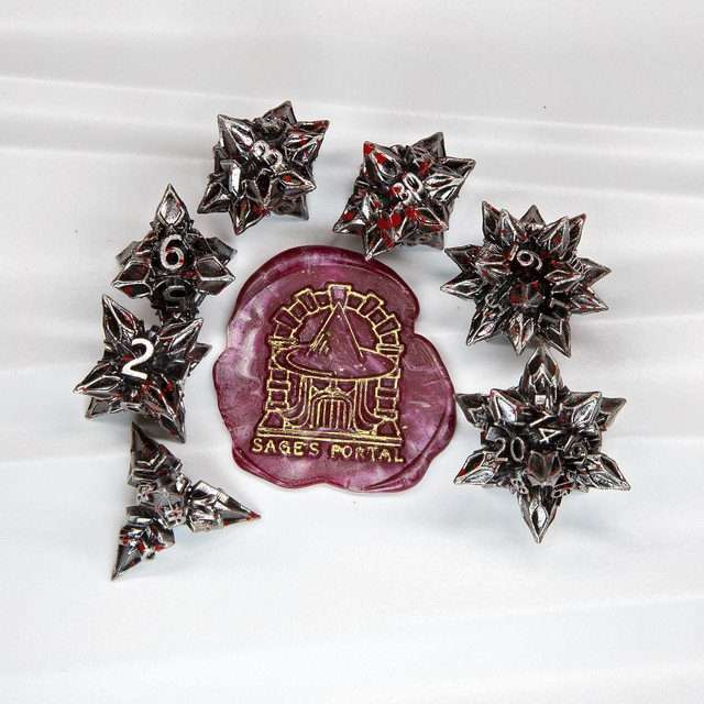 Sage's Deadly Blossoms Nickel/Blood Metal Polyhedral Dice Set - Sage's PortalMetal Dice Set