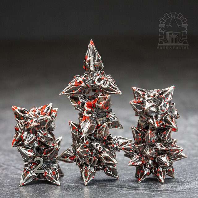 Sage's Deadly Blossoms Nickel/Blood Metal Polyhedral Dice Set - Sage's PortalMetal Dice Set