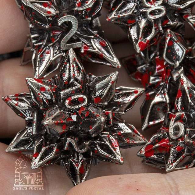 Sage's Deadly Blossoms Nickel/Blood Metal Polyhedral Dice Set - Sage's PortalMetal Dice Set