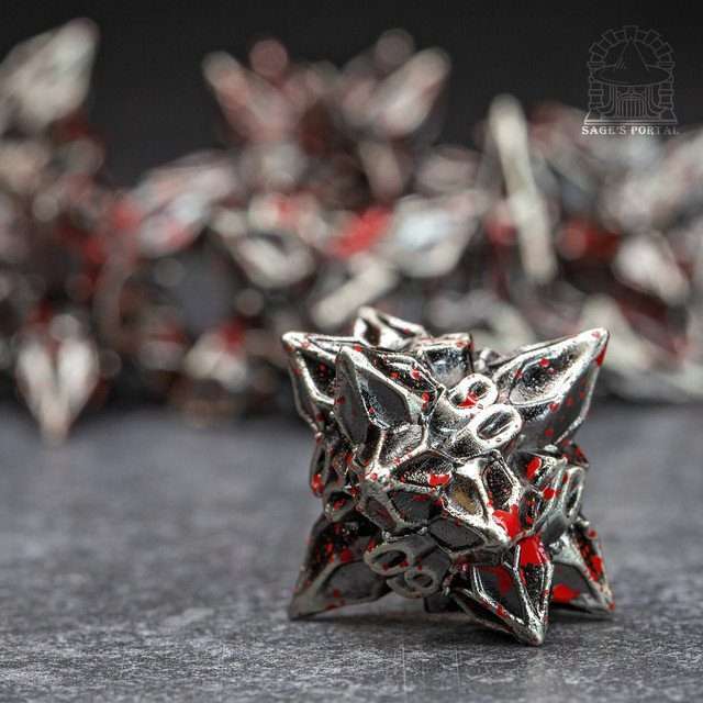 Sage's Deadly Blossoms Nickel/Blood Metal Polyhedral Dice Set - Sage's PortalMetal Dice Set