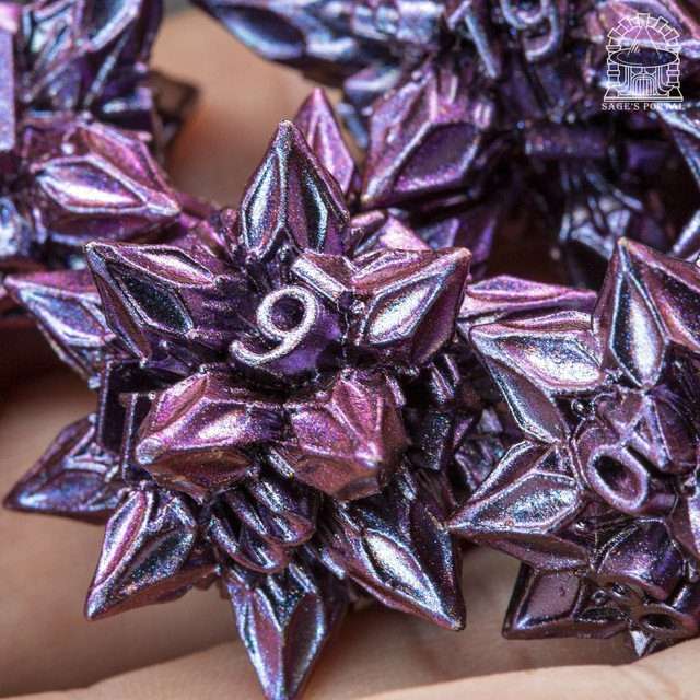 Sage's Deadly Blossoms Violet Metal Polyhedral Dice Set - Sage's PortalMetal Dice Set