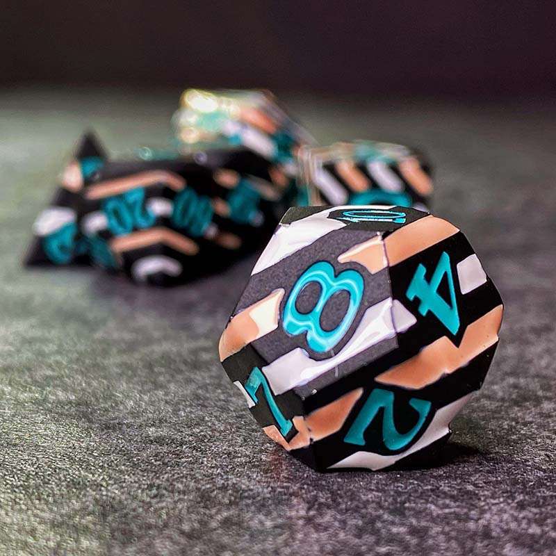 Sage's Dimension Stones - Black White Tan Stripes Turquoise Ink Metal Polyhedral Dice Set - Sage's PortalMetal Dice Set